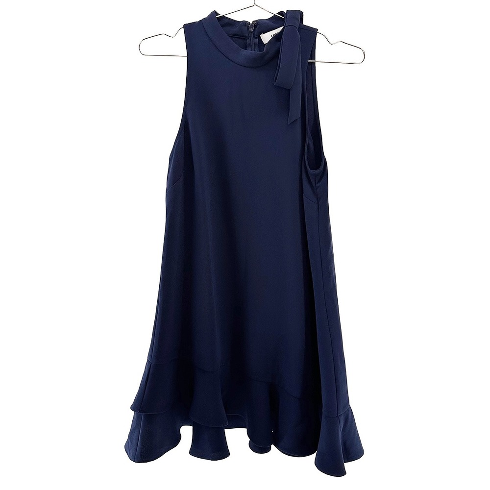 LIKELY Crew Neck Sleeveless‎ Knee Length Ruffle Hem Dress • Small • navy blue